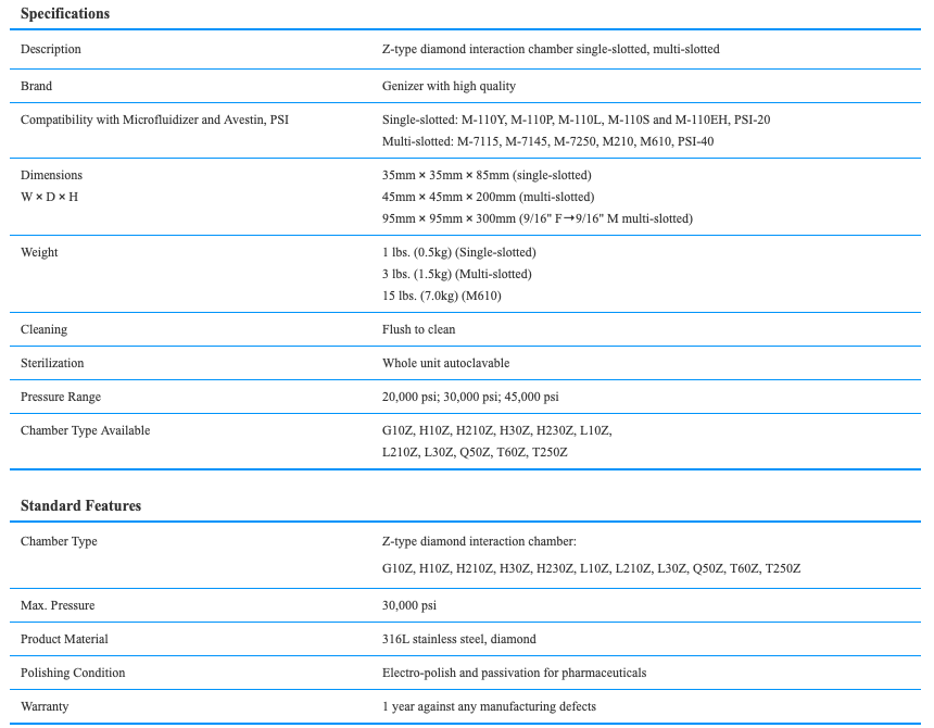 Product specifications for Z-Type Diamond Interaction Chamber